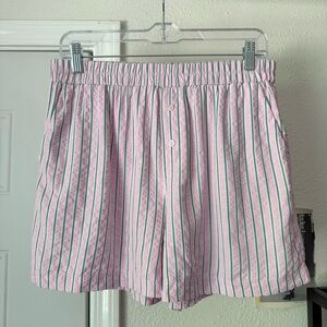 BRIT THE‎ LABEL pink green striped seersucker high rise sleep pajama shorts